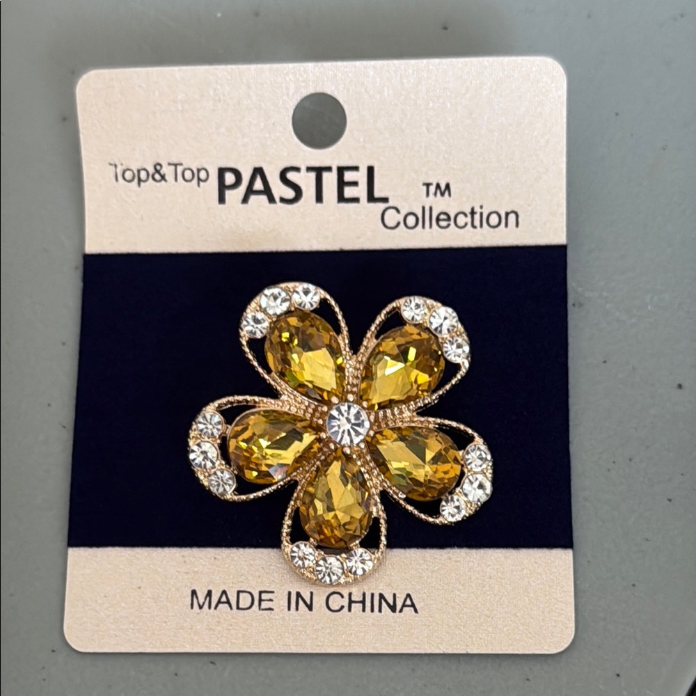 Gold Toned Yellow Flower Brooch with Rhinestones
